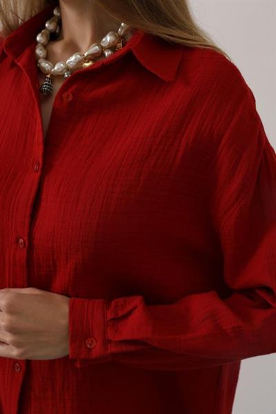 Müslin Uzun Kol Gömlek - Kırmızı