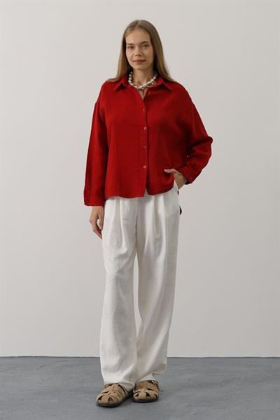 Müslin Uzun Kol Gömlek - Kırmızı