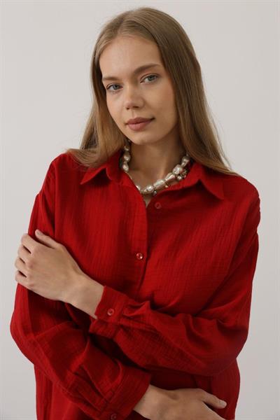 Müslin Uzun Kol Gömlek - Kırmızı