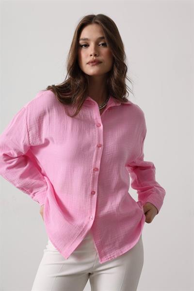Müslin Uzun Kol Gömlek - Şeker Pembe