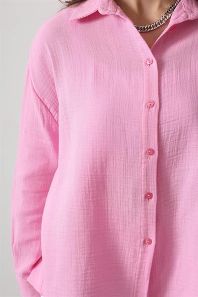 Müslin Uzun Kol Gömlek - Şeker Pembe