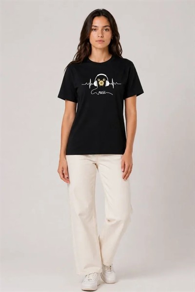 Müzik Temalı Baskılı Tişört Bisiklet Yaka Kısa Kol T-Shirt - Siyah