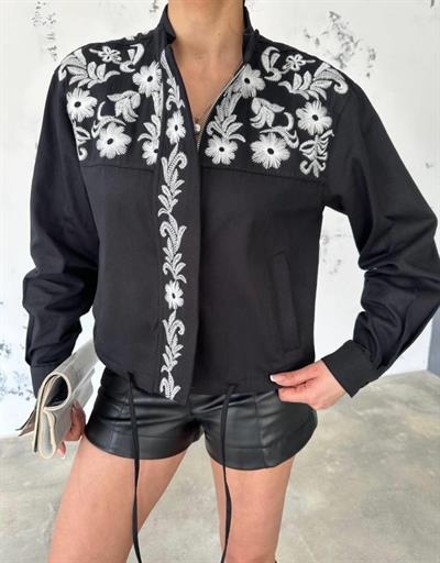 NAKIŞLI CROP CEKET BİYE DETAYLI - Siyah