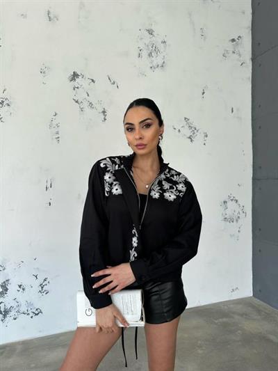 NAKIŞLI CROP CEKET BİYE DETAYLI - Siyah