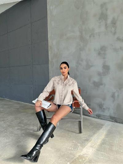 NAKIŞLI CROP CEKET BİYE DETAYLI - Taş