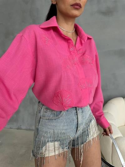 NAKIŞLI HAM KETEN GÖMLEK - Pembe