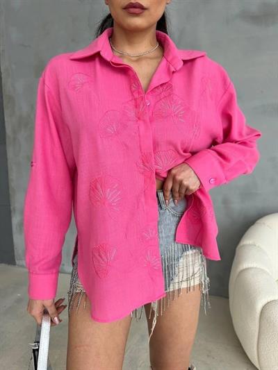 NAKIŞLI HAM KETEN GÖMLEK - Pembe