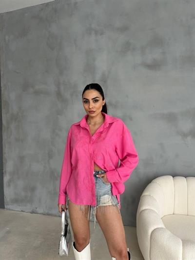 NAKIŞLI HAM KETEN GÖMLEK - Pembe