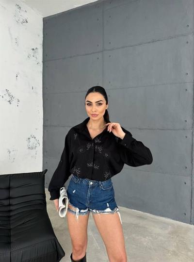 NAKIŞLI HAM KETEN GÖMLEK - Siyah