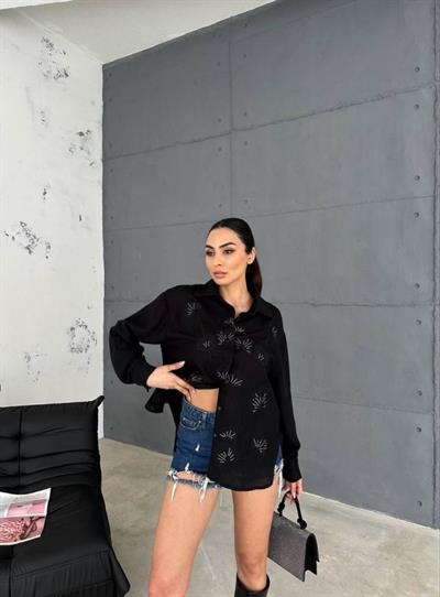 NAKIŞLI HAM KETEN GÖMLEK - Siyah