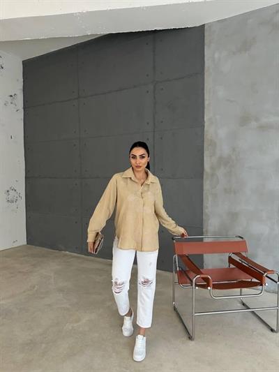 NAKIŞLI HAM KETEN GÖMLEK - Vizon