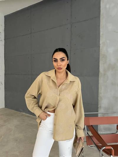 NAKIŞLI HAM KETEN GÖMLEK - Vizon