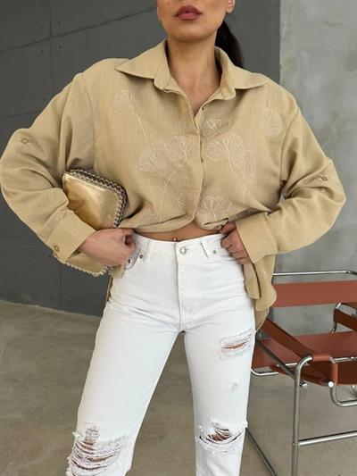 NAKIŞLI HAM KETEN GÖMLEK - Vizon