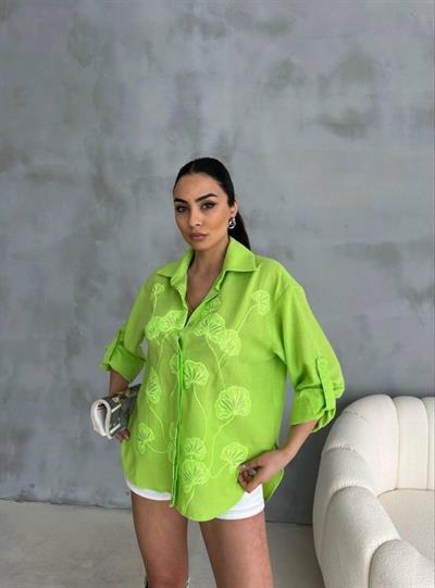 NAKIŞLI HAM KETEN GÖMLEK - Yeşil