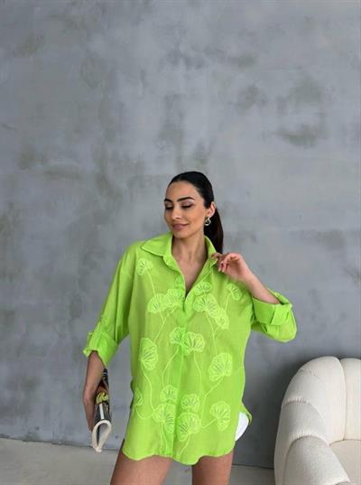 NAKIŞLI HAM KETEN GÖMLEK - Yeşil