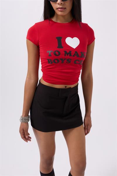 Nakış Detay Baskılı Crop T-Shirt