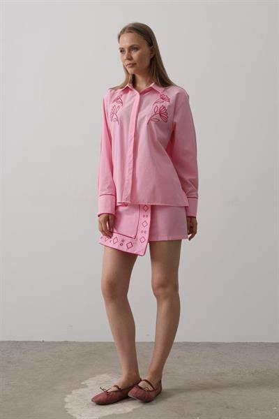 Nakış Detaylı Etekli Takım - Pembe