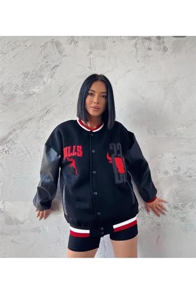 Nakışlı Kolları Deri Oversize Kolej Ceket - Siyah