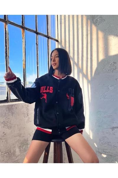 Nakışlı Kolları Deri Oversize Kolej Ceket - Siyah