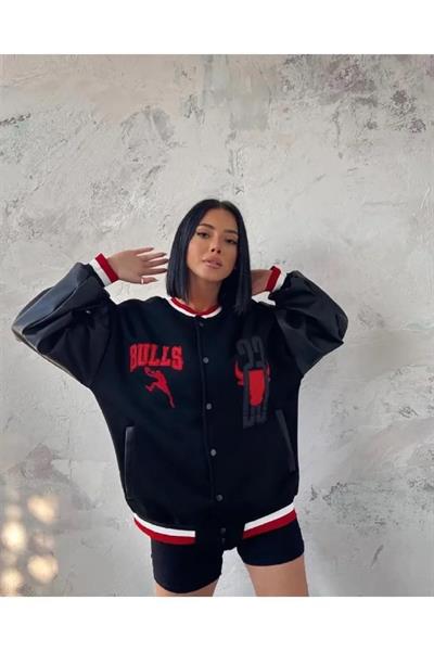 Nakışlı Kolları Deri Oversize Kolej Ceket - Siyah