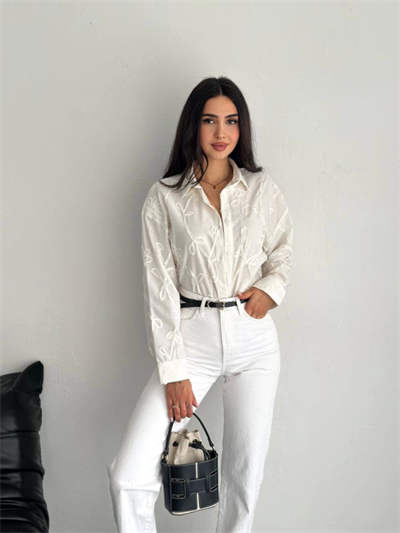 Nakışlı Uzun Kollu Gömlek - Beyaz