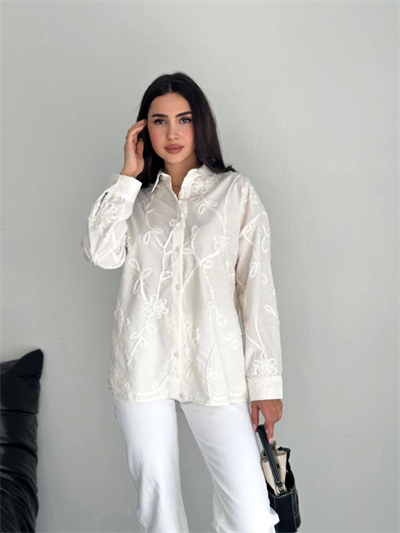 Nakışlı Uzun Kollu Gömlek - Beyaz