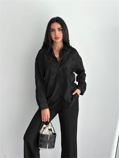 Nakışlı Uzun Kollu Gömlek - Siyah
