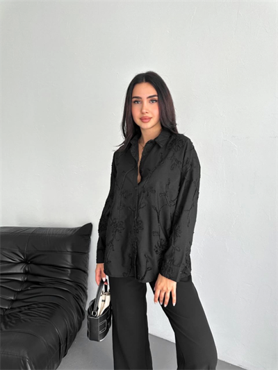 Nakışlı Uzun Kollu Gömlek - Siyah