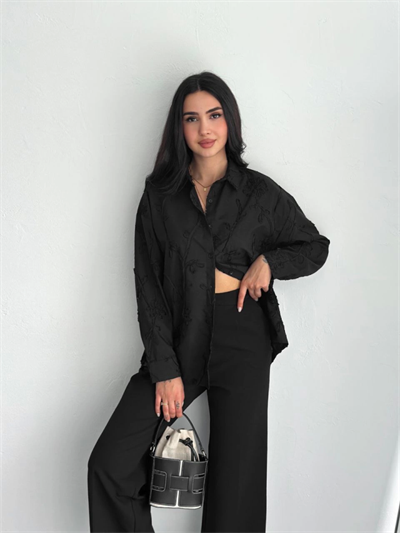 Nakışlı Uzun Kollu Gömlek - Siyah