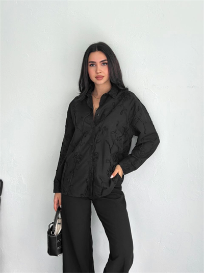 Nakışlı Uzun Kollu Gömlek - Siyah