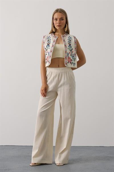 Nakışlı Yelek Pantolon Takım - Natür