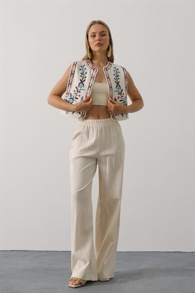 Nakışlı Yelek Pantolon Takım - Natür