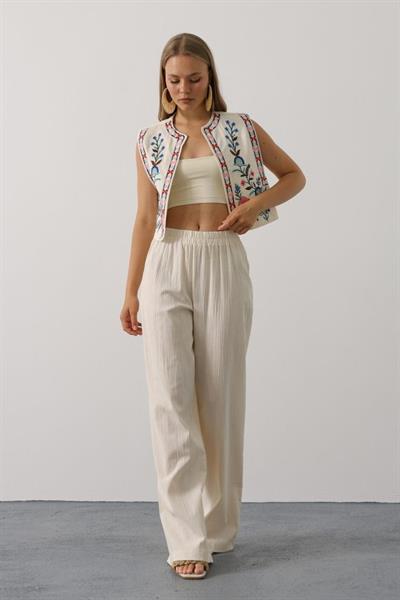 Nakışlı Yelek Pantolon Takım - Natür
