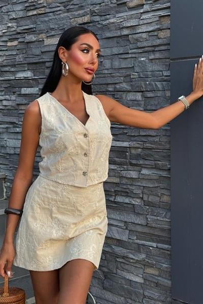 Nakışlı Yelek Şort Etekli Keten Takım 10226-08