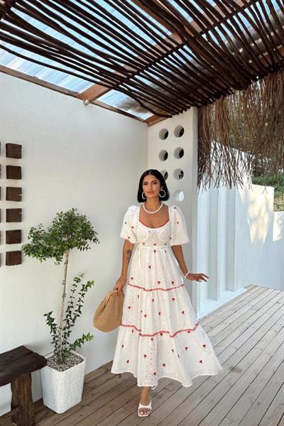 Nar Çiçeği Dantel Detaylı Brode Elbise