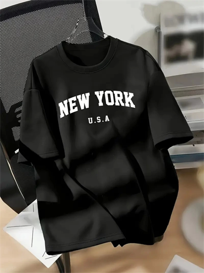 New York Baskılı Oversize Bisiklet Yaka T-shirt - Siyah