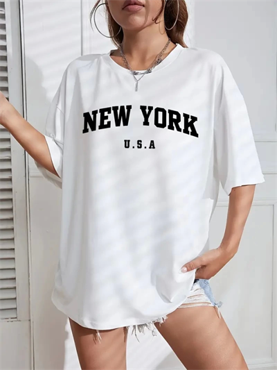 New York Baskılı Oversize Bisiklet Yaka T-shirt - Beyaz