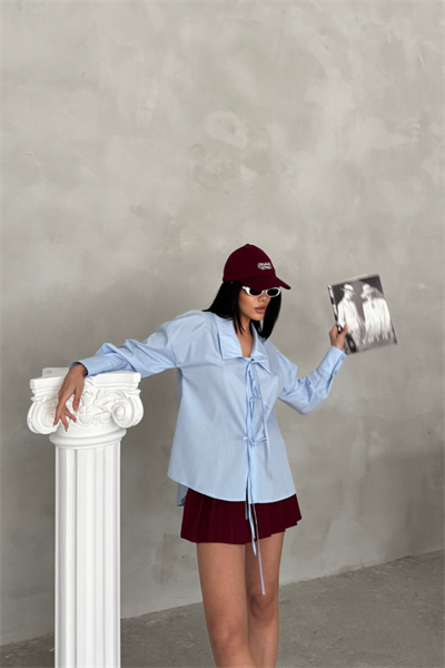 OKUL YAKA POPLİN GÖMLEK İP BAĞLAMA DETAYLI - Bebe Mavi