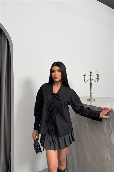 OKUL YAKA POPLİN GÖMLEK İP BAĞLAMA DETAYLI - Siyah