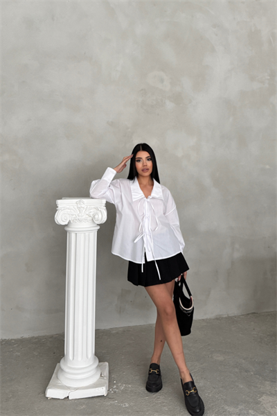 OKUL YAKA POPLİN GÖMLEK İP BAĞLAMA DETAYLI - Beyaz