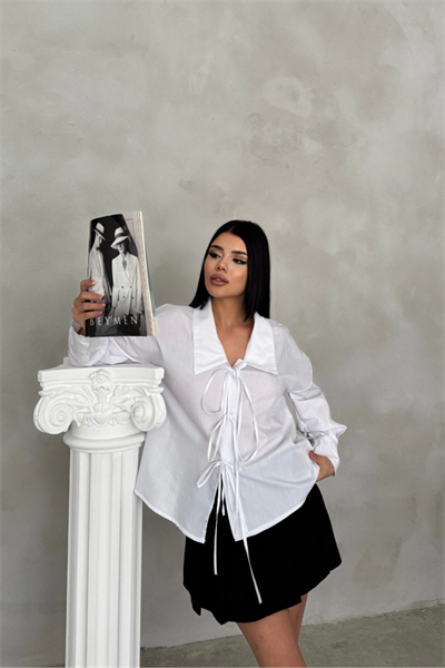 OKUL YAKA POPLİN GÖMLEK İP BAĞLAMA DETAYLI - Beyaz