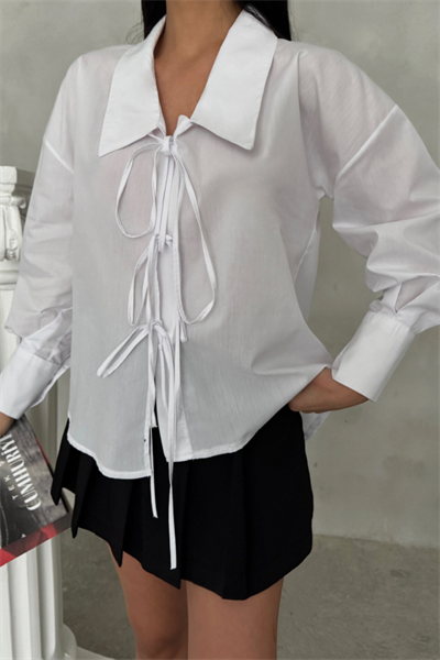 OKUL YAKA POPLİN GÖMLEK İP BAĞLAMA DETAYLI - Beyaz