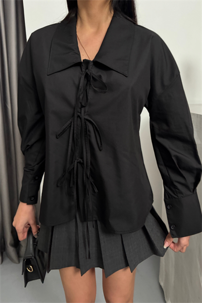 OKUL YAKA POPLİN GÖMLEK İP BAĞLAMA DETAYLI - Siyah