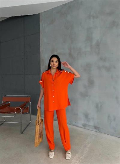 OMUZ MİDYE SIRALI BLUZ - PAÇA PENSLİ PANTOLON TAKIM - Orange