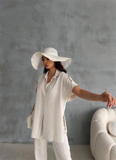 OMUZ MİDYE SIRALI BLUZ - PAÇA PENSLİ PANTOLON TAKIM - Ham