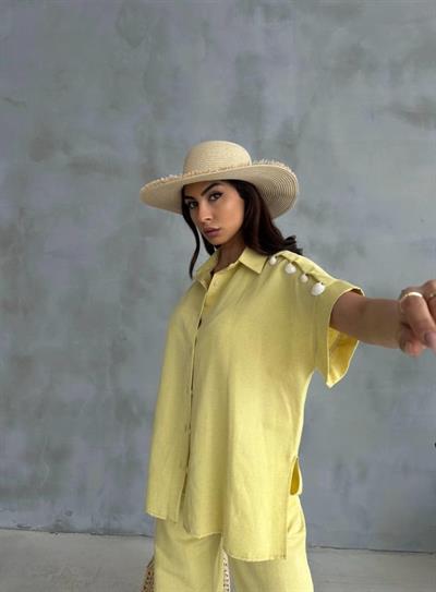 OMUZ MİDYE SIRALI BLUZ - PAÇA PENSLİ PANTOLON TAKIM - Sarı