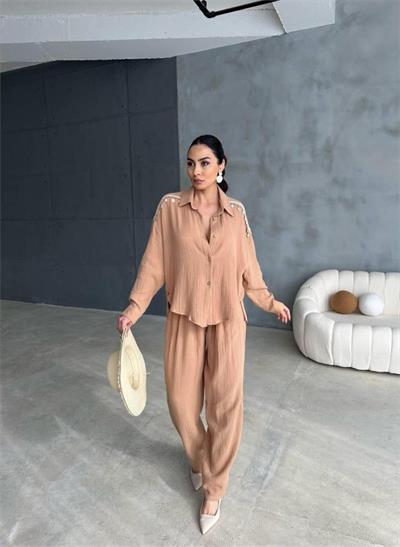 OMUZ SAÇAK DENİZ KABUĞU GÖMLEK - PANTOLON TAKIM - Bej
