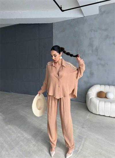 OMUZ SAÇAK DENİZ KABUĞU GÖMLEK - PANTOLON TAKIM - Bej