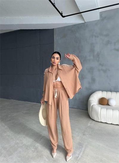 OMUZ SAÇAK DENİZ KABUĞU GÖMLEK - PANTOLON TAKIM - Bej