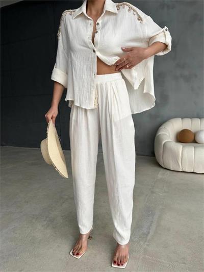 OMUZ SAÇAK DENİZ KABUĞU GÖMLEK - PANTOLON TAKIM - Ekru